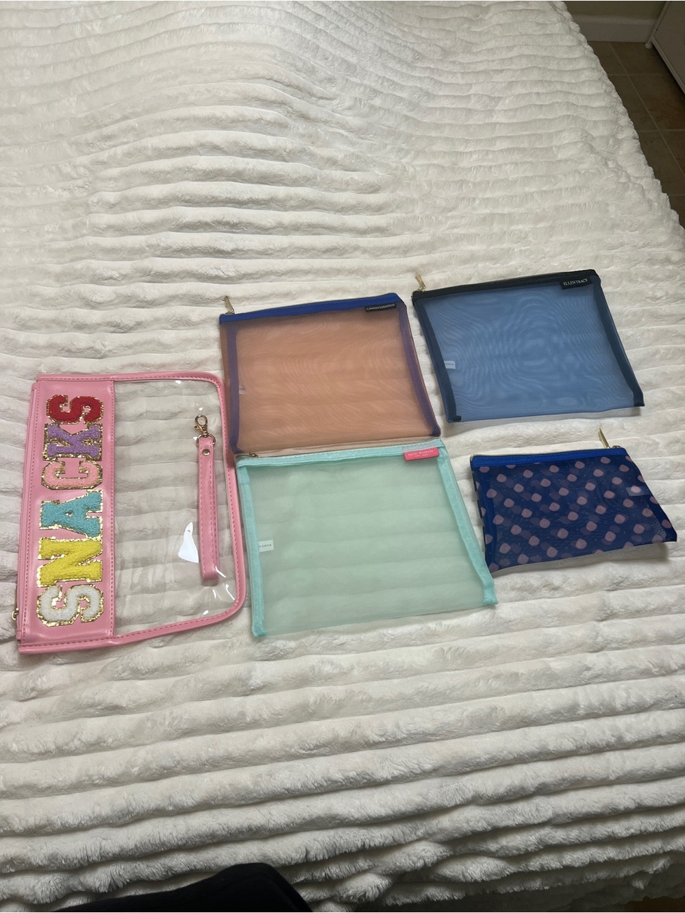 Clear Pink 'SNACKS' Wristlet Pouch and Colorful Mesh Pouches Set (5 bags set)